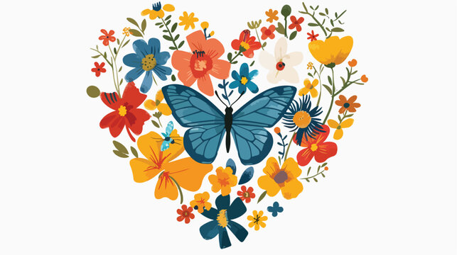 Heart of flowers with butterfly. vector Flat vector i