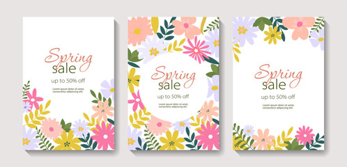 Set of spring or summer banners with flowers, leaves. Editable vector template for greeting card, poster, banner, invitation, social media post. Summer sale. Spring sale