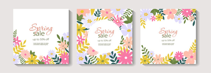 Set of spring or summer banners with flowers, leaves. Editable vector template for greeting card, poster, banner, invitation, social media post. Summer sale. Spring sale