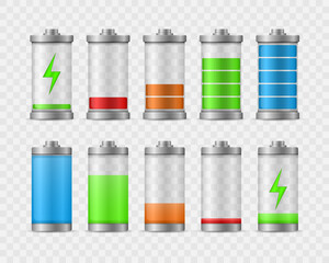 Battery charge full power energy level. Icons for gadget interfaces, mobile apps, website elements and your design. Fully charged and discharged accumulators smartphone battery. Vector illustration