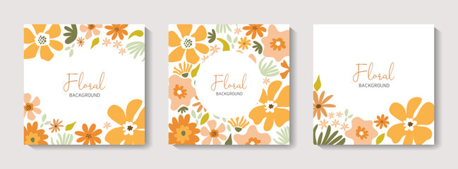 Fototapeta na wymiar Set of spring or summer banners with flowers, leaves. Editable vector template for greeting card, poster, banner, invitation, social media post. Summer sale. Spring sale