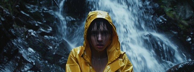 Yellow Raincoat on a Woman in the Rain Generative AI