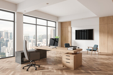 Wooden office interior with work desk, chill zone and panoramic window