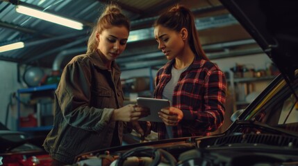 As a motivated apprentice stands next to an experienced female auto mechanic, she checks engine error codes. - obrazy, fototapety, plakaty