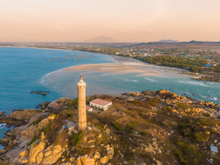 Aerial view of Ke Ga beach at Mui Ne, Phan Thiet, Binh Thuan, Vietnam. Ke Ga Cape or lighthouse is...