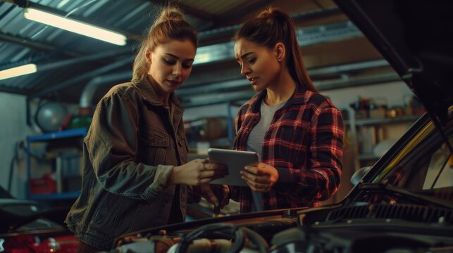 As a motivated apprentice stands next to an experienced female auto mechanic, she checks engine error codes.