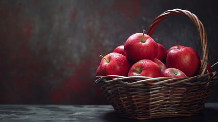 Zbliżenie na koszyk zapełniony czerwonymi jabłuszkami - obrazy, fototapety, plakaty