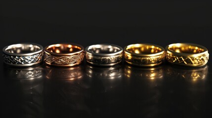 rings set collection. Isolated on black background Generative AI