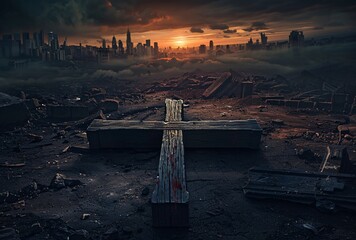 Abandoned Cityscape with a Cross in the Ruins Generative AI - obrazy, fototapety, plakaty