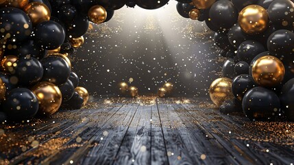 Golden Glow A Black and White Photo of a Ballroom with Gold Balls and Balloons Generative AI