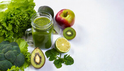 Glass jar with green health smoothie, kale leaves, lime, apple, kiwi