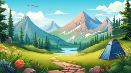 Landscape illustration design, with a background of icebergs, lakes, mountains, campsites and grasslands