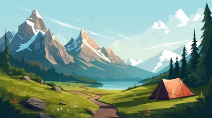 Landscape illustration design, with a background of icebergs, lakes, mountains, campsites and grasslands