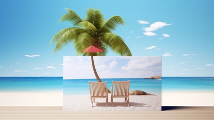 Illustration of a chair on the beach with a cloudy blue sky and palm trees.