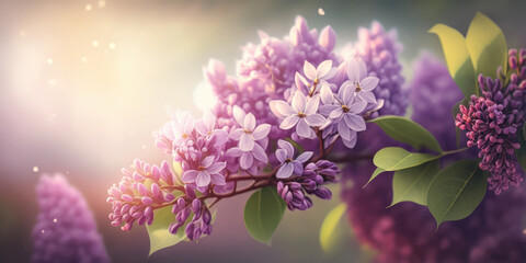 Lilac flowers in the garden. Spring blossom. Beautiful floral background for decoration, banner and...