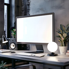 Fototapeta premium Work space at home with a monitor with a white screen, white to be used to fill in writing or photos for advertisements when editing