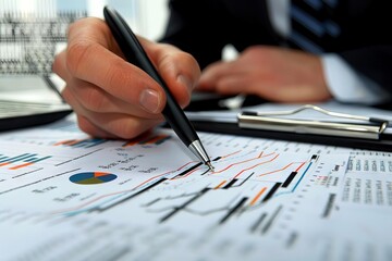 Businessman analyzing financial data and growth charts, digital illustration