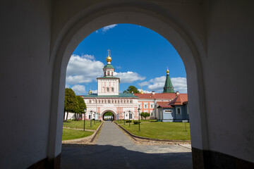 Valday Iversky Monastery, Valday (Valdai), Novgorod region, Russia. View of the Gate Church of the Archangel Michael. Pilgrimage, travel and tourism in Russia.