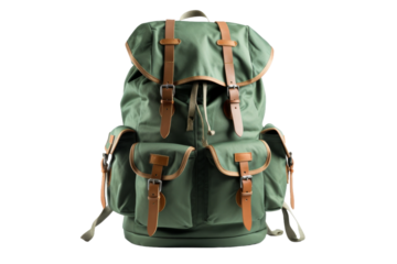 Green Backpack With Two Brown Straps. On a White or Clear Surface PNG Transparent Background..