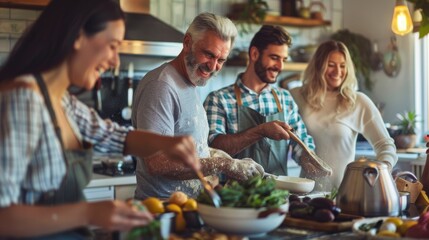Family and Friends Enjoying Cooking Together in Kitchen - obrazy, fototapety, plakaty