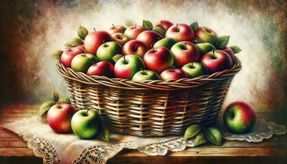 Vivid Watercolor Illustration of a Shabby Chic Basket of Apples