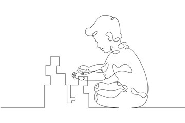 The girl plays. One continuous line.Kids games. A small child plays with blocks. Educational games for children. Toddler games.One continuous line drawn isolated, white background.