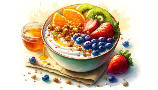 ivid Watercolor Illustration of a Yogurt Bowl