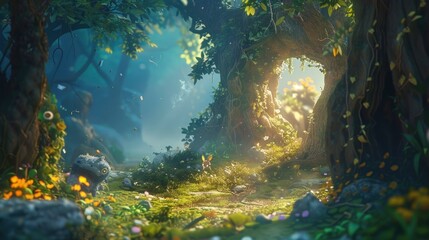 Fototapeta na wymiar Enchanted Forest Scenery in Magical Light