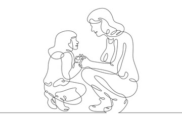 One continuous line.A young woman communicates with a child. Mother with a baby. Child games with parent. Kids games.One continuous line drawn isolated, white background.