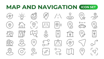 Navigation Line Icons vector. symbol of map location, Route, Marker, Map place marker. pointer GPS location symbol.