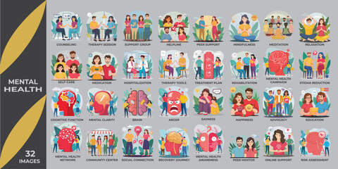 36 images for Mental Health set in editable color image style. Containing mental health care, mental clarity, treatment plan, mental health network, brain, counseling, etc. Vector illustration.