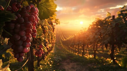 A cluster of ripe grapes dangles from a vine in a vineyard under the sunset