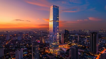 Majestic Skyscraper Dominating the Sunset Cityscape