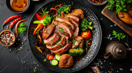 Traditional roasted turkey with herbs and sauce. Baked duck breast with aromatic herbs and spices...