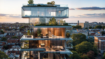Modern glass office building complex with many green plants in a city