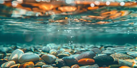 Smooth multi-colored pebbles are visible beneath clear water in this close-up shot - obrazy, fototapety, plakaty