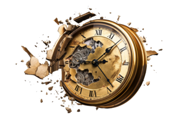 Fragmented Clock Shows Time Stopped. On a White or Clear Surface PNG Transparent Background..