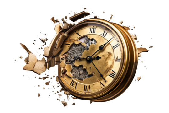 Fragmented Clock Shows Time Stopped. On a White or Clear Surface PNG Transparent Background..