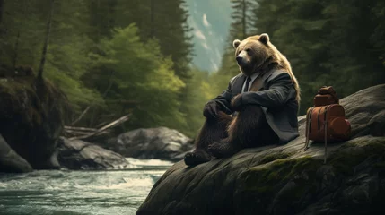 Foto op Canvas Traveling business bear in a suit taking a moment to relax and enjoy the natural beauty of his destination © Nichapat