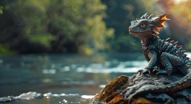 dragon cub on a rock in the river footage