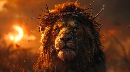 Lion King - A majestic lion with a crown of thorns on its head, standing in front of a sunset. Generative AI