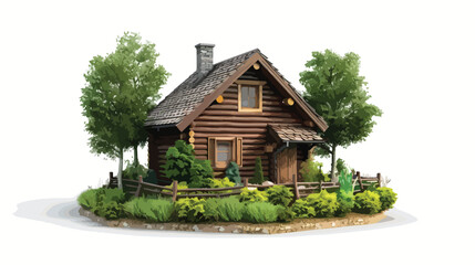 Realistic model gardening wooden cottage. Flat vector