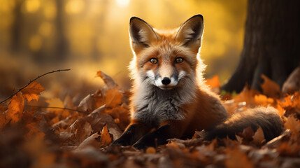 Fox in a forest - obrazy, fototapety, plakaty