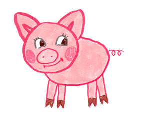 Felt pen vector illustration of child drawing of cute pig