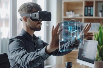 Young businessman working with modern virtual reality hologram technology, Young businessman perspective.