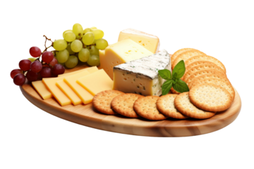 Platter of Cheese, Crackers, and Grapes. On a White or Clear Surface PNG Transparent Background..