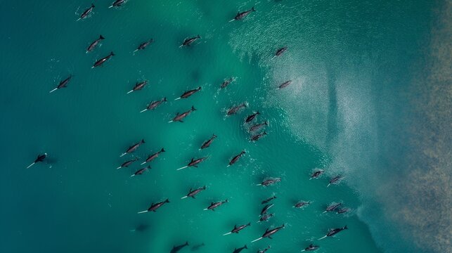 a drone shot scene capturing vast numbers of narwhal swimming in the ocea
