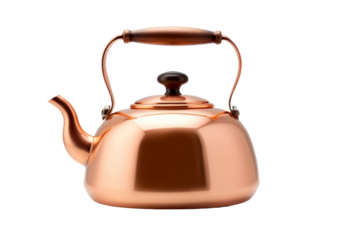 Copper Tea Kettle With Wooden Handle. On a White or Clear Surface PNG Transparent Background..