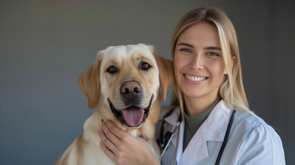 Gorgeous young blonde Italian female veterinarian posing with a lovable dog at her vet clinic. Veterinarian woman looking positive and happy standing with a puppy