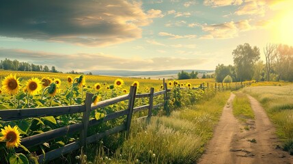 Fototapeta premium Field of sunflowers. Nature, farm, thickets, plants, life, greenery, beauty, oxygen, relaxation, country villa, meadow, grass, flowers, wind, sun. Generated by AI